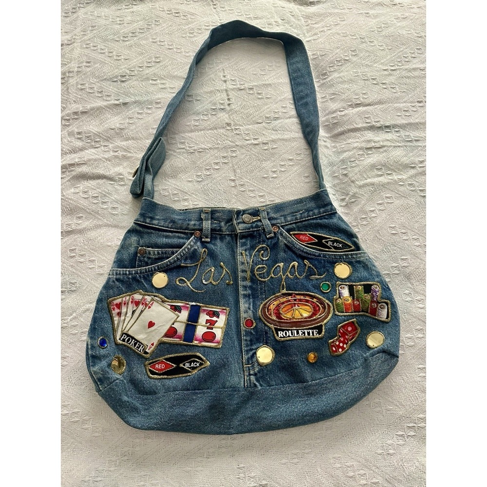 80s Denim Jean Crossbody Blue Purse Puffy Paint Las Vegas Applique Pockets
